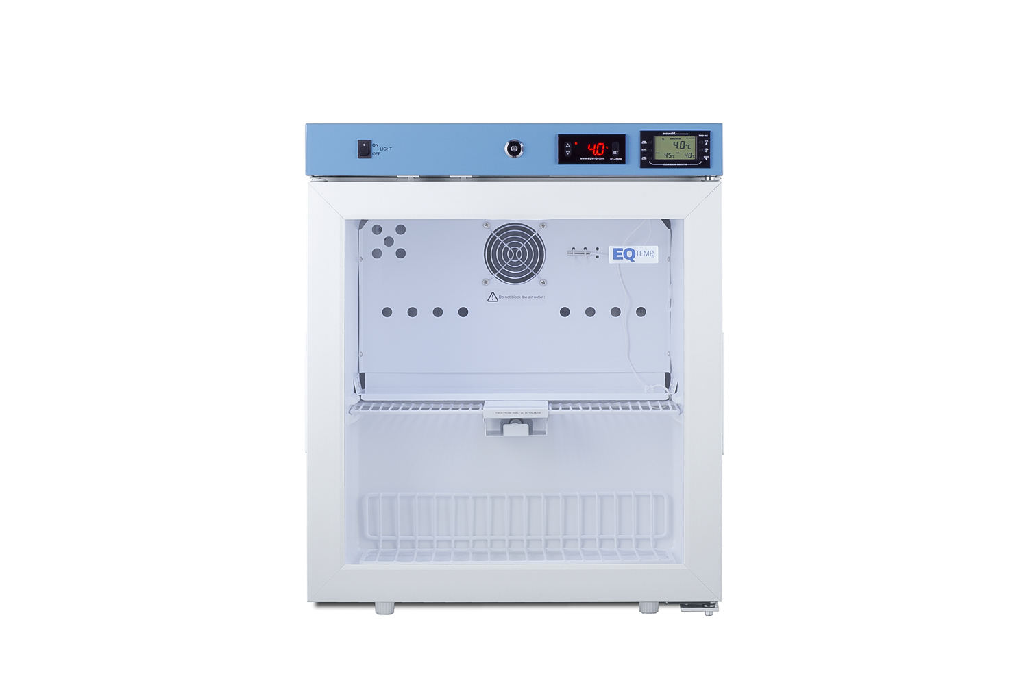 Compact healthcare all-refrigerator certified to NSF/ANSI 456 with self-closing glass door, front lock, digital controls, and NIST-calibrated temperature readout